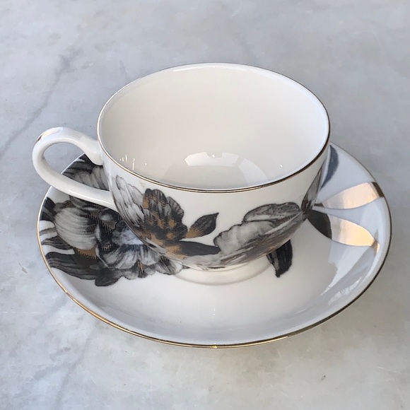 GRACES TEAWARE CUP SAUCER SET PEONY BLACK METALLIC GOLD FLORAL NEW PORCELAIN - Picture 8 of 13